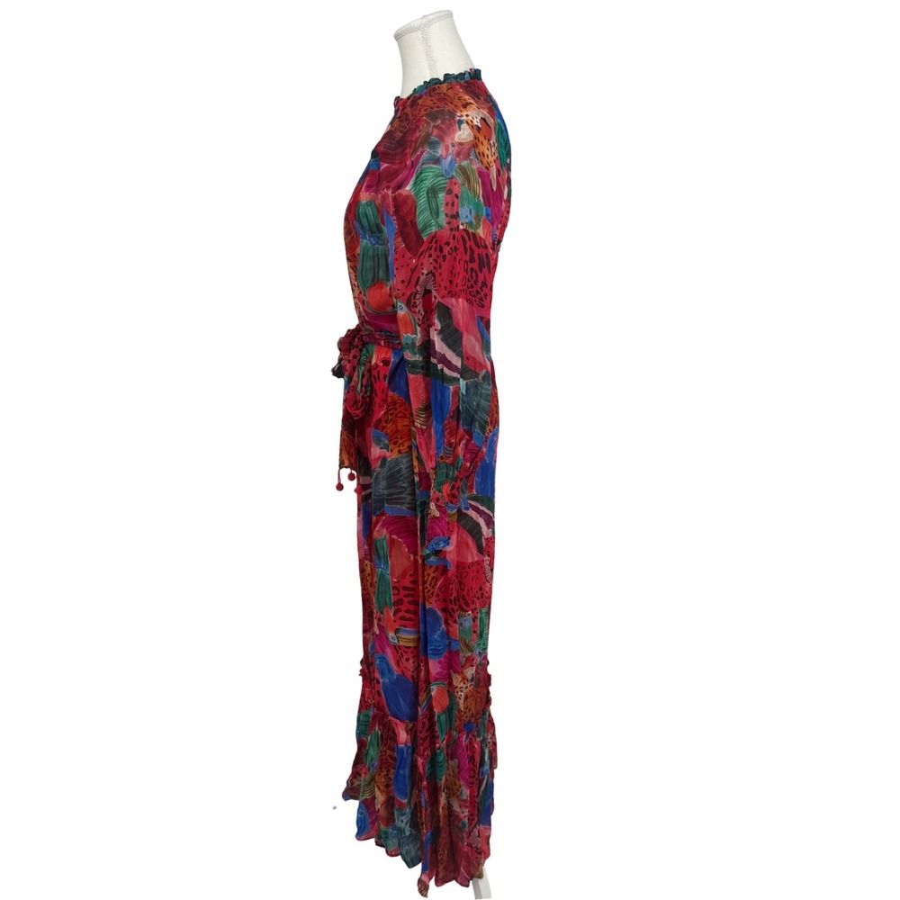 Farm Rio Mixed Print Maxi Dress Animal Collage Tie Waist Ruffle Long Sleeve XS‎ - Picture 4 of 14